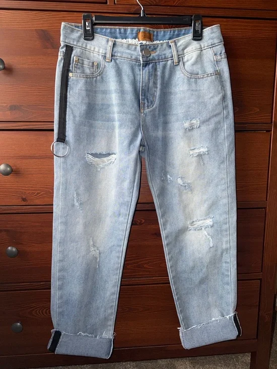 POL Distressed Denim Straight Leg Jeans with Crochet Trim & Black Side Strap - Picture 2 of 7